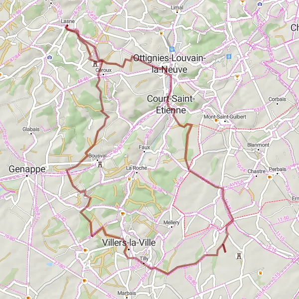 Miniatuurkaart van de fietsinspiratie "Lasne naar Villers-la-Ville Gravelrit" in Prov. Brabant Wallon, Belgium. Gemaakt door de Tarmacs.app fietsrouteplanner