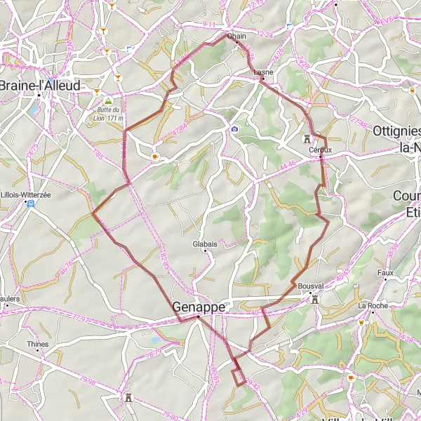 Miniature de la carte de l'inspiration cycliste "Escapade gravel dans le Brabant Wallon" dans la Prov. Brabant Wallon, Belgium. Générée par le planificateur d'itinéraire cycliste Tarmacs.app
