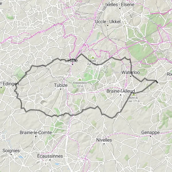 Miniature de la carte de l'inspiration cycliste "Parcours des villages pittoresques" dans la Prov. Brabant Wallon, Belgium. Générée par le planificateur d'itinéraire cycliste Tarmacs.app