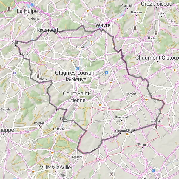 Map miniature of "Walhain and Bierges Loop" cycling inspiration in Prov. Brabant Wallon, Belgium. Generated by Tarmacs.app cycling route planner