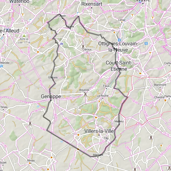 Map miniature of "Scenic Loop via Lasne" cycling inspiration in Prov. Brabant Wallon, Belgium. Generated by Tarmacs.app cycling route planner