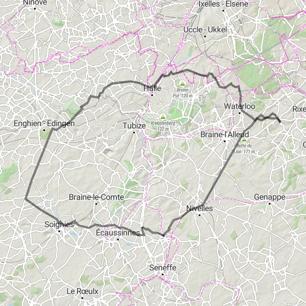 Miniatuurkaart van de fietsinspiratie "Rondje Waterloo en Brussel Skylines" in Prov. Brabant Wallon, Belgium. Gemaakt door de Tarmacs.app fietsrouteplanner