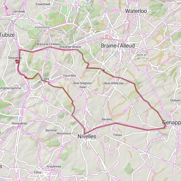 Map miniature of "The Wauthier-Braine Circular Gravel Route" cycling inspiration in Prov. Brabant Wallon, Belgium. Generated by Tarmacs.app cycling route planner