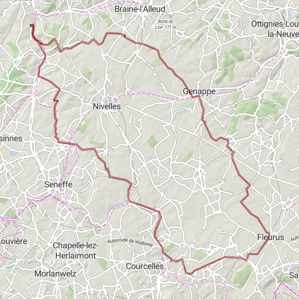 Map miniature of "Gravel Adventure in Brabant Wallon" cycling inspiration in Prov. Brabant Wallon, Belgium. Generated by Tarmacs.app cycling route planner