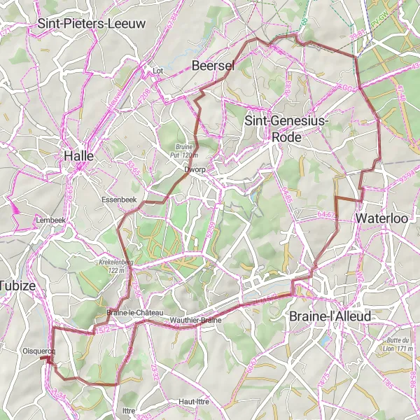 Map miniature of "Challenging Gravel Ride across Ligne KW and Krekelenberg" cycling inspiration in Prov. Brabant Wallon, Belgium. Generated by Tarmacs.app cycling route planner