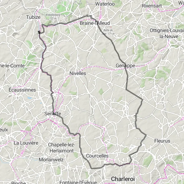 Miniatuurkaart van de fietsinspiratie "Uitdagende rit naar Gouy-lez-Piéton via Quatre-Bras de Baisy-Thy" in Prov. Brabant Wallon, Belgium. Gemaakt door de Tarmacs.app fietsrouteplanner