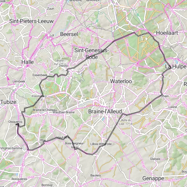 Miniatuurkaart van de fietsinspiratie "Rondrit rond Oisquercq via Krekelenberg en La Hulpe" in Prov. Brabant Wallon, Belgium. Gemaakt door de Tarmacs.app fietsrouteplanner