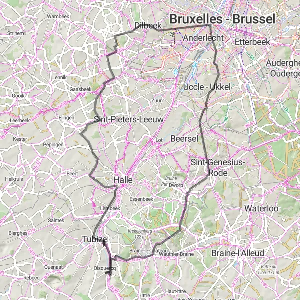 Map miniature of "Flemish Attractions" cycling inspiration in Prov. Brabant Wallon, Belgium. Generated by Tarmacs.app cycling route planner