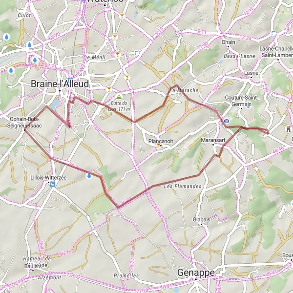 Miniatuurkaart van de fietsinspiratie "Gravelroute rond Ophain-Bois-Seigneur-Isaac" in Prov. Brabant Wallon, Belgium. Gemaakt door de Tarmacs.app fietsrouteplanner