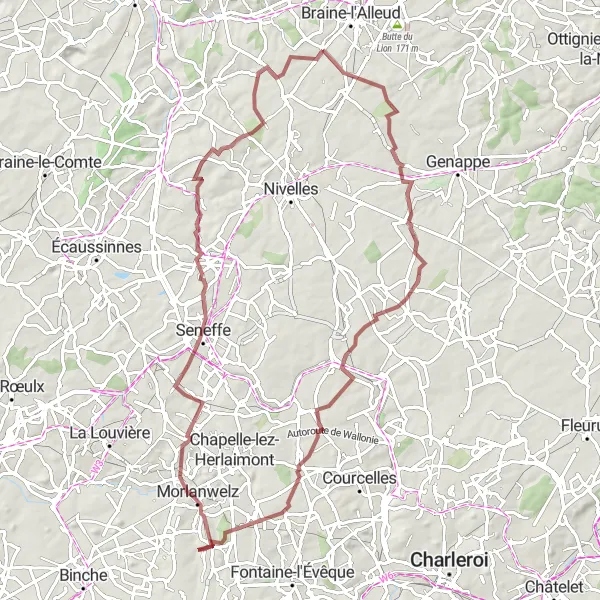 Map miniature of "Gravel Challenge - Explore the Vallées" cycling inspiration in Prov. Brabant Wallon, Belgium. Generated by Tarmacs.app cycling route planner