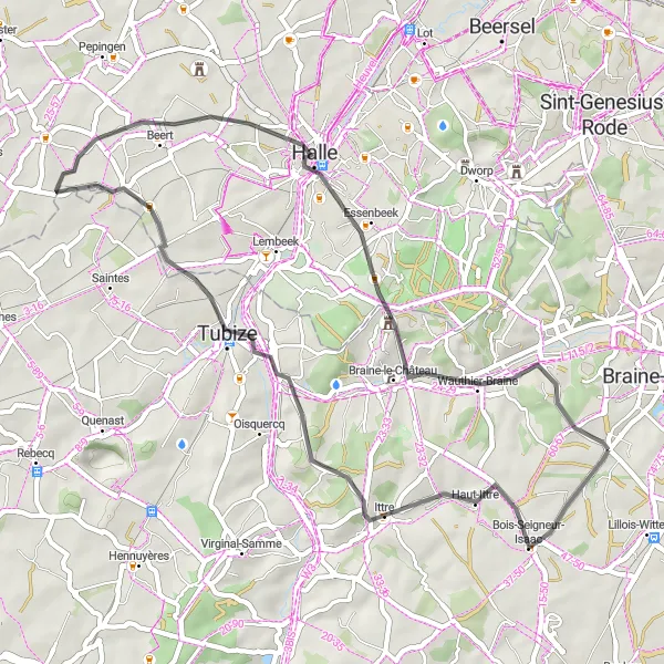 Map miniature of "Road Route 1" cycling inspiration in Prov. Brabant Wallon, Belgium. Generated by Tarmacs.app cycling route planner