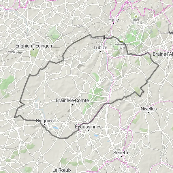 Map miniature of "Bois-Seigneur-Isaac and Beyond" cycling inspiration in Prov. Brabant Wallon, Belgium. Generated by Tarmacs.app cycling route planner