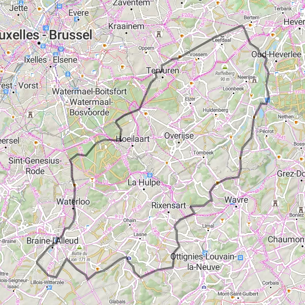 Miniatuurkaart van de fietsinspiratie "Wegroute naar Waterloo" in Prov. Brabant Wallon, Belgium. Gemaakt door de Tarmacs.app fietsrouteplanner