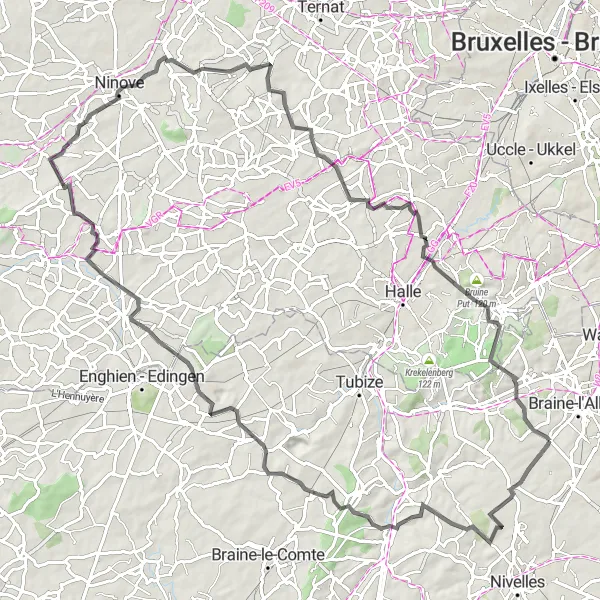 Map miniature of "Road Route 2" cycling inspiration in Prov. Brabant Wallon, Belgium. Generated by Tarmacs.app cycling route planner