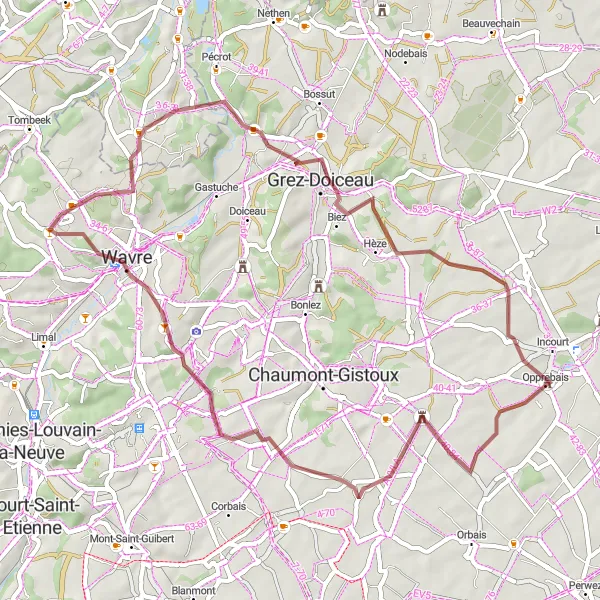 Map miniature of "Opprebais - Chapelle du Dieu Aimant - Wavre - Archennes - Opprebais" cycling inspiration in Prov. Brabant Wallon, Belgium. Generated by Tarmacs.app cycling route planner