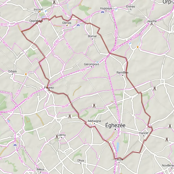 Map miniature of "Opprebais - Jauchelette Loop" cycling inspiration in Prov. Brabant Wallon, Belgium. Generated by Tarmacs.app cycling route planner