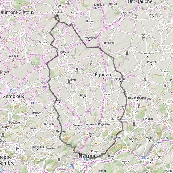 Map miniature of "Opprebais - Wastines Loop" cycling inspiration in Prov. Brabant Wallon, Belgium. Generated by Tarmacs.app cycling route planner