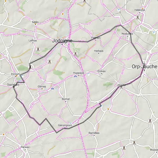 Map miniature of "Opprebais - Jodoigne Loop" cycling inspiration in Prov. Brabant Wallon, Belgium. Generated by Tarmacs.app cycling route planner