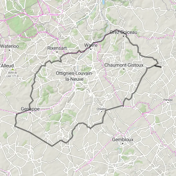 Map miniature of "Opprebais - Walhain Loop" cycling inspiration in Prov. Brabant Wallon, Belgium. Generated by Tarmacs.app cycling route planner