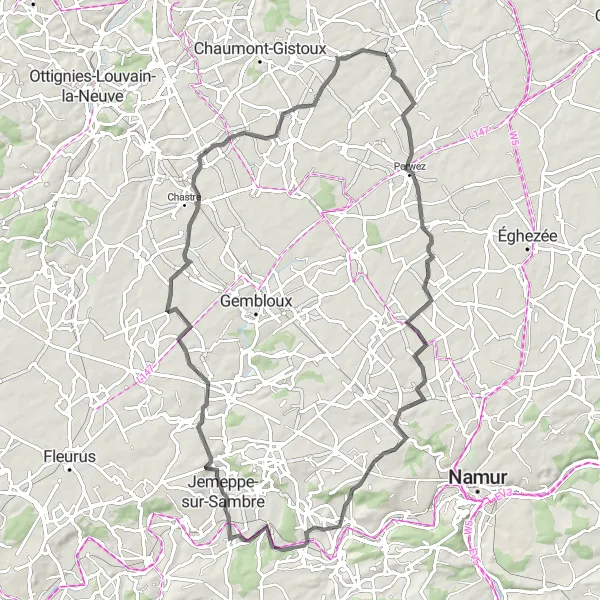Map miniature of "Opprebais - Liernu - Franière - Villeret - Nil-Saint-Vincent-Saint-Martin - Moulin Gustot" cycling inspiration in Prov. Brabant Wallon, Belgium. Generated by Tarmacs.app cycling route planner