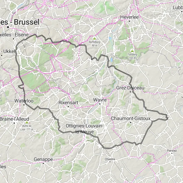 Map miniature of "Opprebais - Nil-Saint-Vincent-Saint-Martin - Lasne - Waterloo - Woluwe-Saint-Pierre - Sint-Pieters-Woluwe - Sint-Agatha-Rode - Opprebais" cycling inspiration in Prov. Brabant Wallon, Belgium. Generated by Tarmacs.app cycling route planner