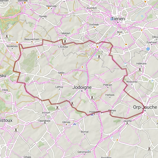 Map miniature of "Orp-le-Grand Gravel Route" cycling inspiration in Prov. Brabant Wallon, Belgium. Generated by Tarmacs.app cycling route planner