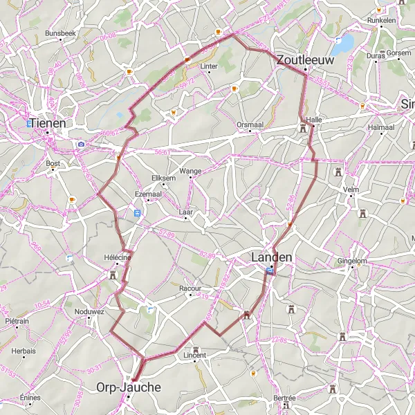 Map miniature of "Orp-le-Grand Gravel Route" cycling inspiration in Prov. Brabant Wallon, Belgium. Generated by Tarmacs.app cycling route planner