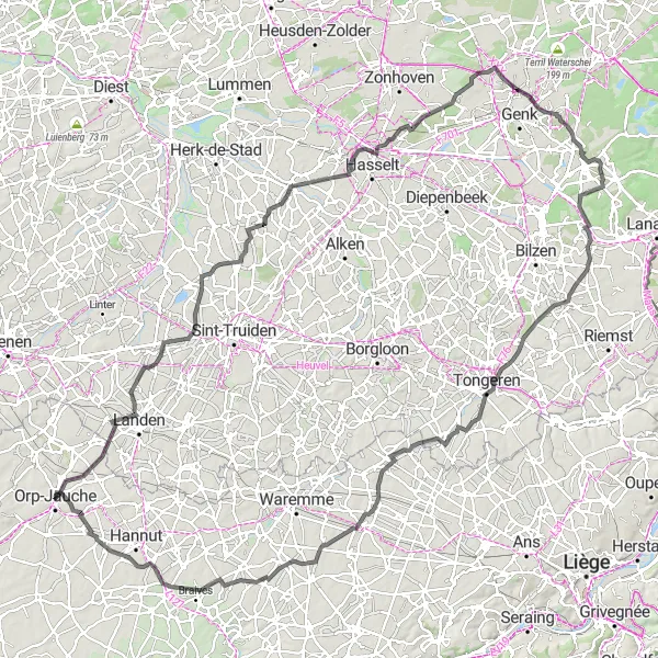 Map miniature of "Orp-le-Grand Road Route" cycling inspiration in Prov. Brabant Wallon, Belgium. Generated by Tarmacs.app cycling route planner