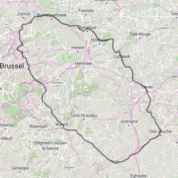 Map miniature of "Orp-Jauche and Beyond" cycling inspiration in Prov. Brabant Wallon, Belgium. Generated by Tarmacs.app cycling route planner