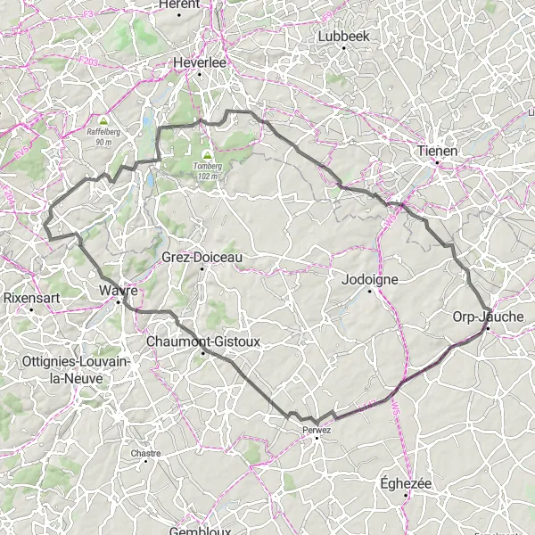 Karten-Miniaturansicht der Radinspiration "Roadtrip von Orp-le-Grand nach Hoegaarden über Blanden" in Prov. Brabant Wallon, Belgium. Erstellt vom Tarmacs.app-Routenplaner für Radtouren