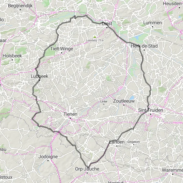 Miniatuurkaart van de fietsinspiratie "Ontdek de charmante dorpjes rond Orp-le-Grand" in Prov. Brabant Wallon, Belgium. Gemaakt door de Tarmacs.app fietsrouteplanner