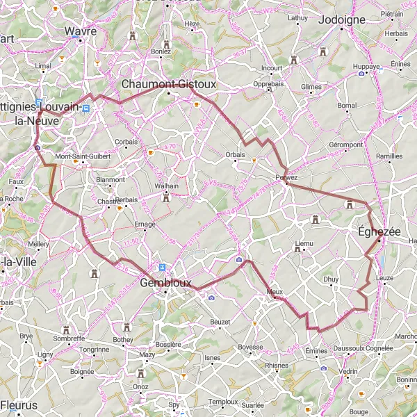Map miniature of "Louvain-la-Neuve to Court-Saint-Etienne Gravel Tour" cycling inspiration in Prov. Brabant Wallon, Belgium. Generated by Tarmacs.app cycling route planner