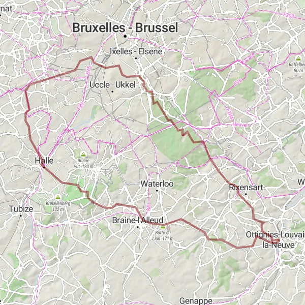 Map miniature of "Brabant Wallon Gravel Loop" cycling inspiration in Prov. Brabant Wallon, Belgium. Generated by Tarmacs.app cycling route planner