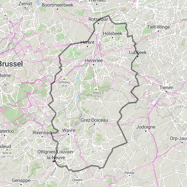 Karten-Miniaturansicht der Radinspiration "Rund um Ottignies-Louvain-la-Neuve" in Prov. Brabant Wallon, Belgium. Erstellt vom Tarmacs.app-Routenplaner für Radtouren