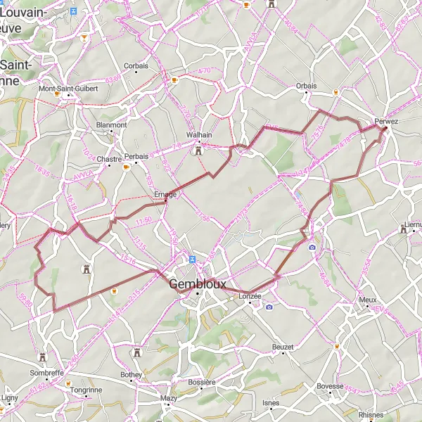 Miniatuurkaart van de fietsinspiratie "Rondrit Grand-Manil naar Thorembais-Saint-Trond" in Prov. Brabant Wallon, Belgium. Gemaakt door de Tarmacs.app fietsrouteplanner