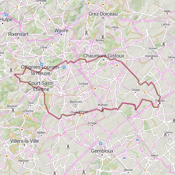 Miniatuurkaart van de fietsinspiratie "Graveltocht rond Perwez" in Prov. Brabant Wallon, Belgium. Gemaakt door de Tarmacs.app fietsrouteplanner