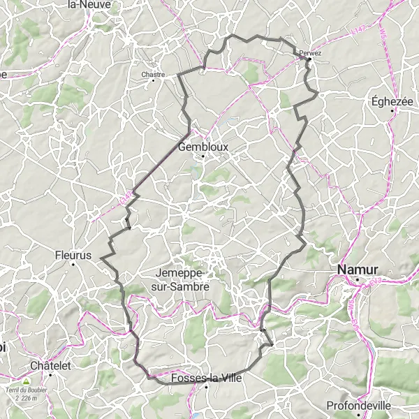 Karten-Miniaturansicht der Radinspiration "Hügelige Straßentour von Perwez" in Prov. Brabant Wallon, Belgium. Erstellt vom Tarmacs.app-Routenplaner für Radtouren