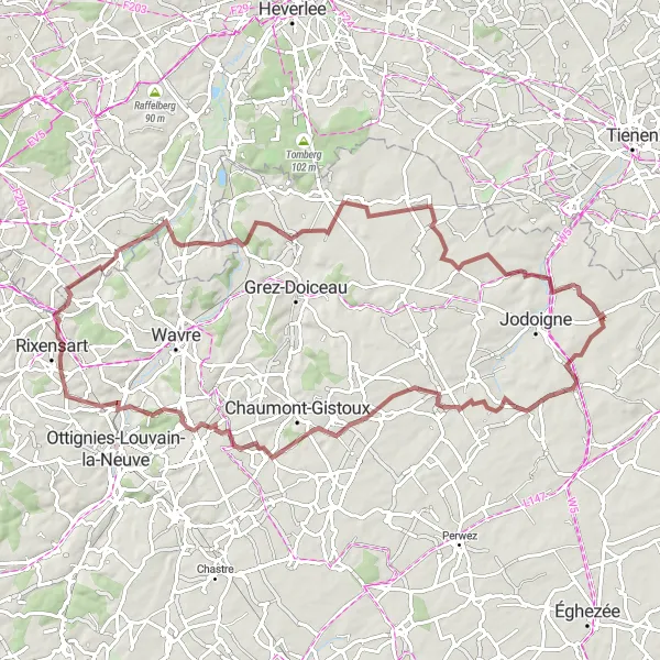 Miniatuurkaart van de fietsinspiratie "Avontuurlijke gravelroute vanuit Piétrain" in Prov. Brabant Wallon, Belgium. Gemaakt door de Tarmacs.app fietsrouteplanner