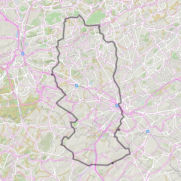 Map miniature of "Road Cycling Route from Piétrain to L'Écluse, Lovenjoel, Kiezegem, and Bost" cycling inspiration in Prov. Brabant Wallon, Belgium. Generated by Tarmacs.app cycling route planner