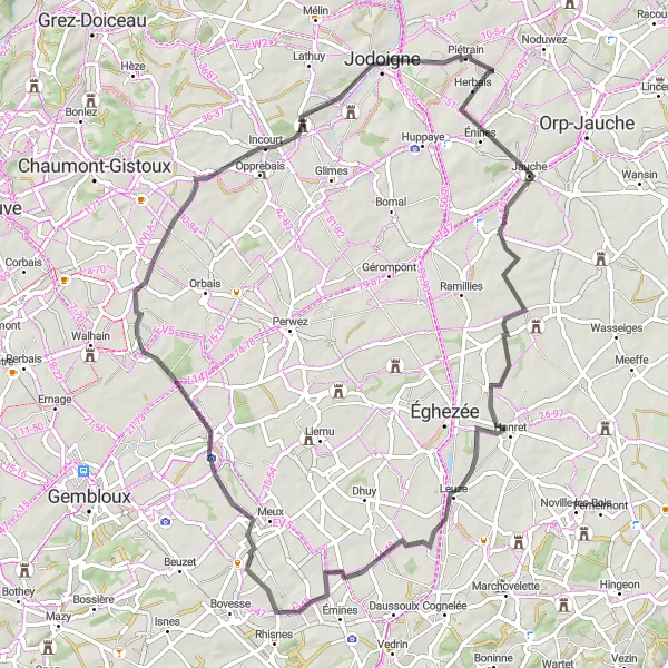 Map miniature of "Road Cycling Route from Piétrain to Herbais, Folx-les-Caves, Jodoigne, and Incourt" cycling inspiration in Prov. Brabant Wallon, Belgium. Generated by Tarmacs.app cycling route planner