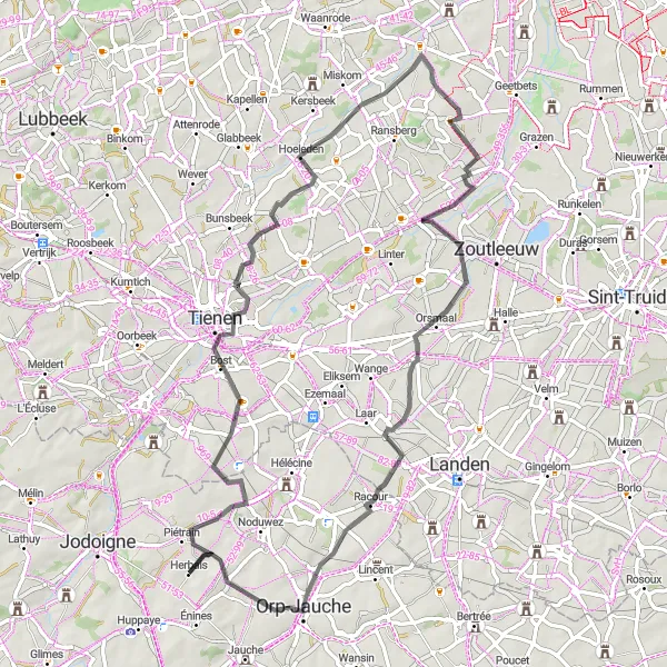 Miniatuurkaart van de fietsinspiratie "Fietsen door het groene landschap van Piétrain" in Prov. Brabant Wallon, Belgium. Gemaakt door de Tarmacs.app fietsrouteplanner