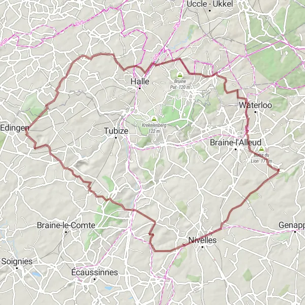 Map miniature of "Challenging Gravel Excursion in Brabant Wallon" cycling inspiration in Prov. Brabant Wallon, Belgium. Generated by Tarmacs.app cycling route planner