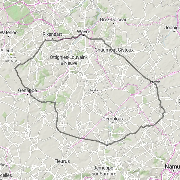 Map miniature of "Road Cycling Adventure in Brabant Wallon" cycling inspiration in Prov. Brabant Wallon, Belgium. Generated by Tarmacs.app cycling route planner