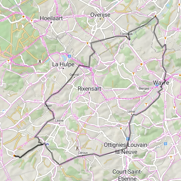 Map miniature of "Plancenoit Loop" cycling inspiration in Prov. Brabant Wallon, Belgium. Generated by Tarmacs.app cycling route planner