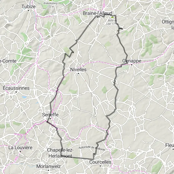 Karten-Miniaturansicht der Radinspiration "Rundfahrt von Plancenoit nach Observatoire de l'Empereur" in Prov. Brabant Wallon, Belgium. Erstellt vom Tarmacs.app-Routenplaner für Radtouren