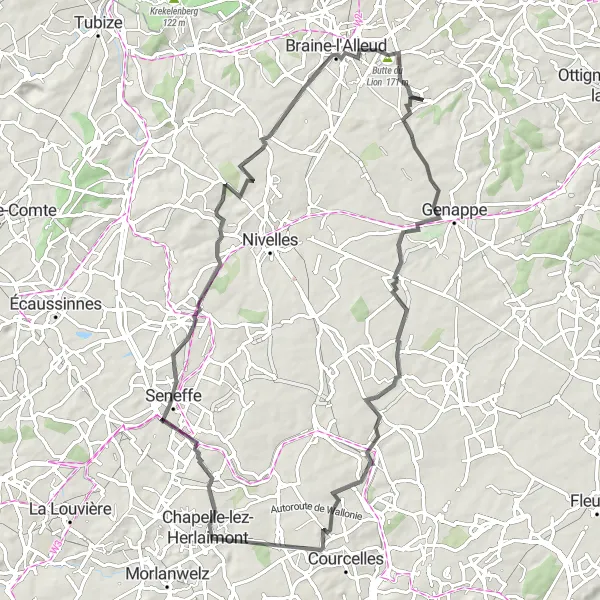 Map miniature of "Countryside Escape" cycling inspiration in Prov. Brabant Wallon, Belgium. Generated by Tarmacs.app cycling route planner