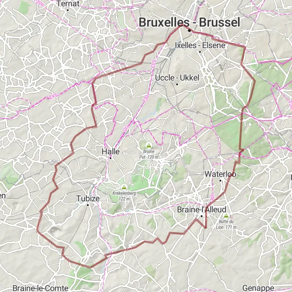 Miniatuurkaart van de fietsinspiratie "Gravelroute rond Quenast via Wisbecq en Braine-l'Alleud" in Prov. Brabant Wallon, Belgium. Gemaakt door de Tarmacs.app fietsrouteplanner