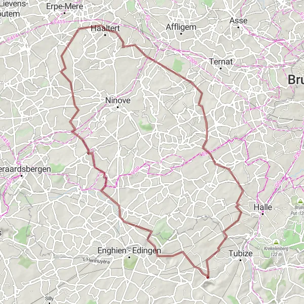 Miniature de la carte de l'inspiration cycliste "Itinéraire gravel Herne-Hondzocht" dans la Prov. Brabant Wallon, Belgium. Générée par le planificateur d'itinéraire cycliste Tarmacs.app