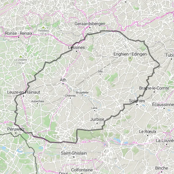 Karten-Miniaturansicht der Radinspiration "Hügeliges Roadbike-Abenteuer durch Hennegau und Wallonisch-Brabant" in Prov. Brabant Wallon, Belgium. Erstellt vom Tarmacs.app-Routenplaner für Radtouren