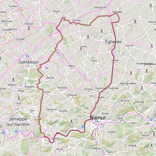 Miniature de la carte de l'inspiration cycliste "L'Exploration des Vallées de Gembloux" dans la Prov. Brabant Wallon, Belgium. Générée par le planificateur d'itinéraire cycliste Tarmacs.app